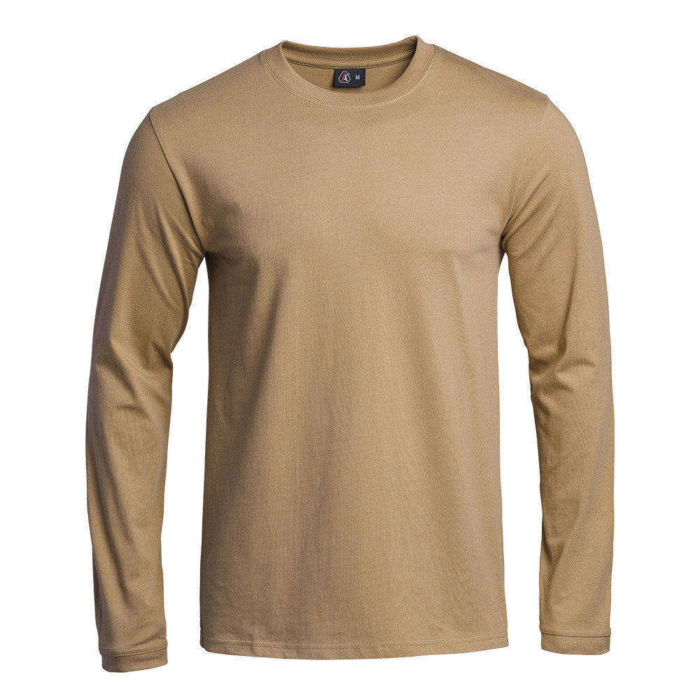 Long-sleeved STRONG t-shirt in tan color, made from 100% Oeko-Tex Standard 100 certified cotton, available in sizes XS to 3XL from A10 Equipment.