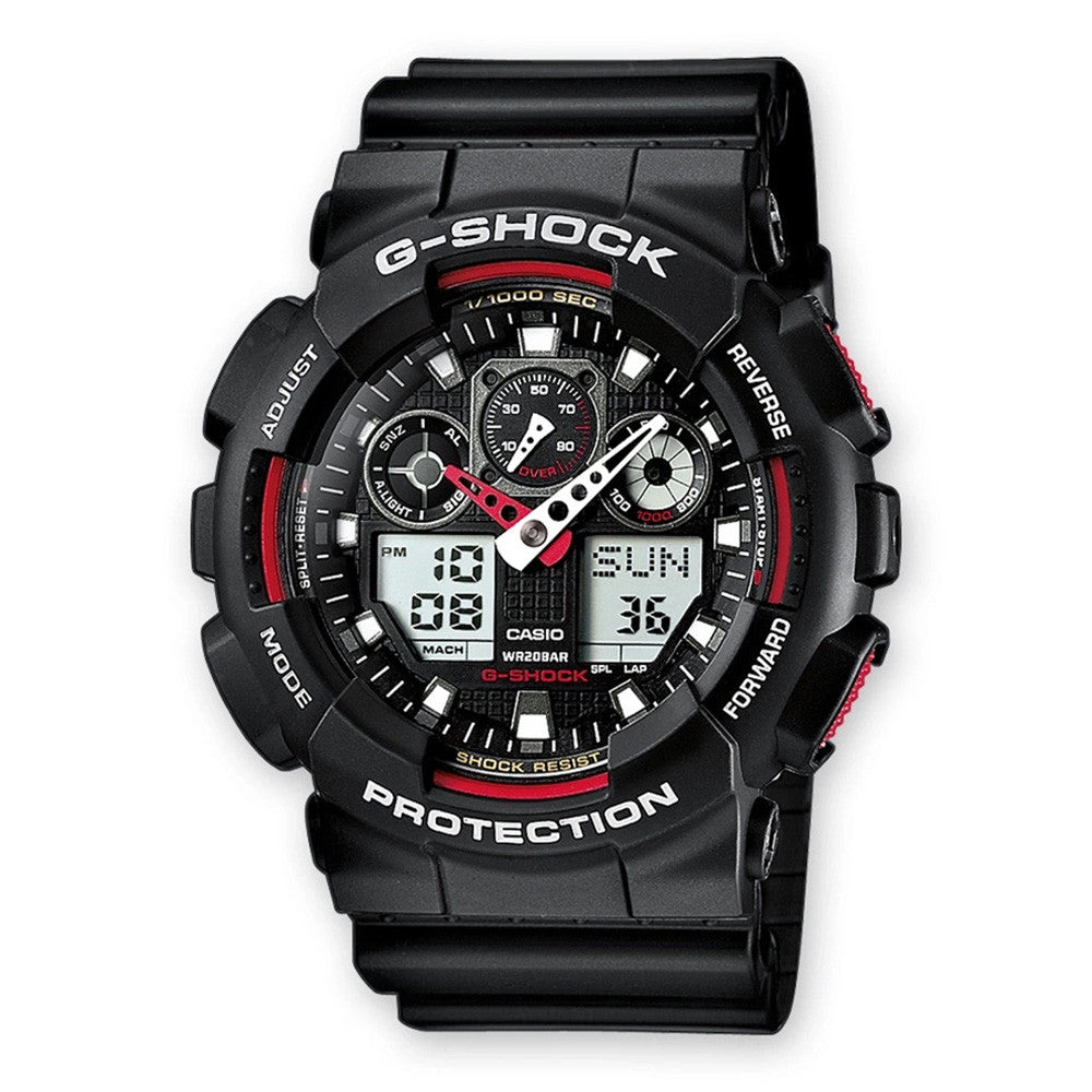 Montre G-Shock GA-100 noire et rouge de Casio avec un design moderne, un cadran en verre minéral et un bracelet en résine, résistance magnétique et plusieurs fonctions.