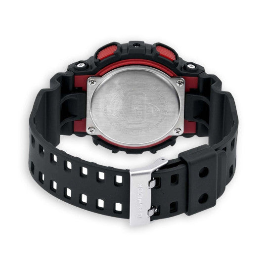 Montre-bracelet G-Shock GA-100 noir/rouge de Casio avec cadran en verre minéral, boîtier et bracelet en résine, affichages LCD et résistance magnétique JIS de