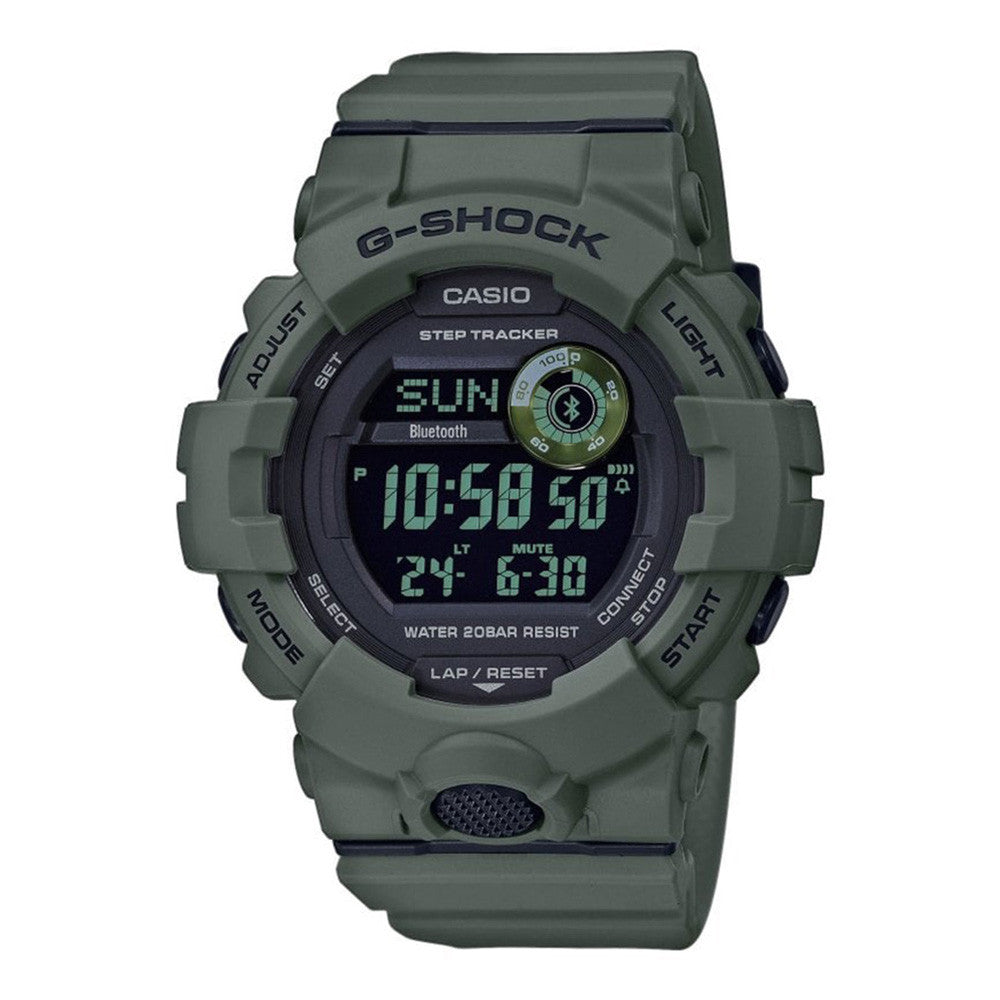 Montre numérique connectée G-SHOCK GBD-800 de Casio avec cadran en verre minéral, bracelet en résine, fonctionnalités Bluetooth et podomètre, disponible en diverses couleurs.
