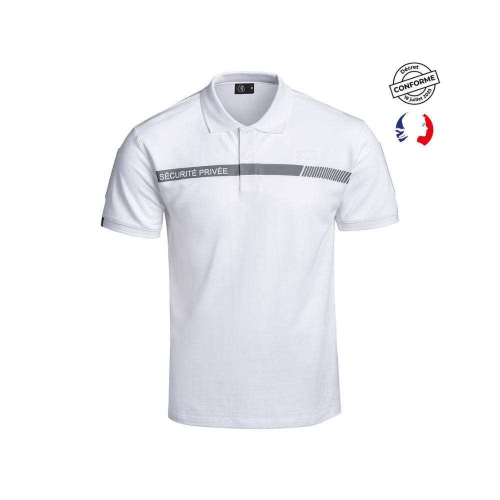 Vue du polo blanc SÉCU-ONE pour sécurité privée d'A10 Equipment, résistant, ergonomique et fonctionnel, avec marquage rétro-réfléchissant et velcros pour accessoires.