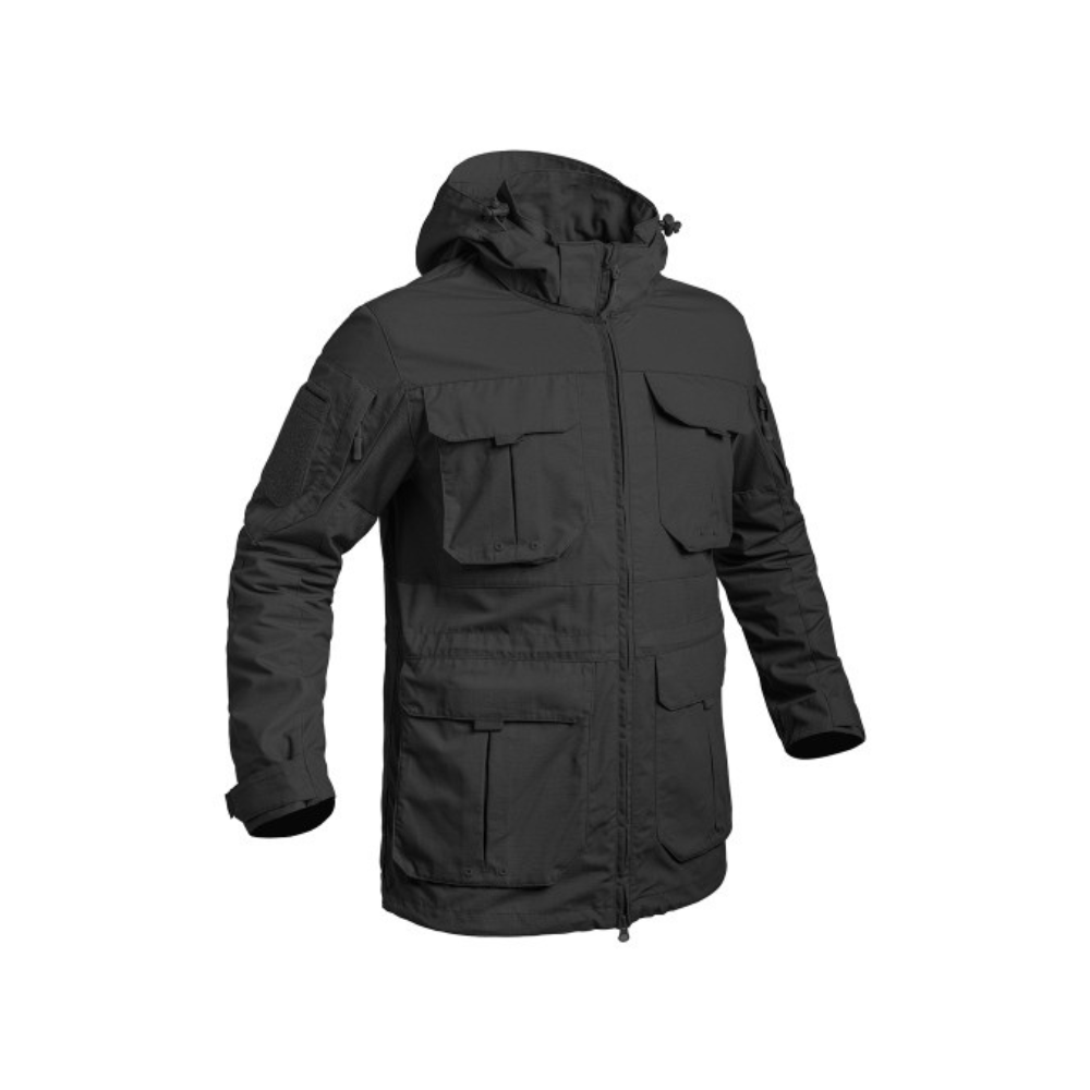 Veste longue Fighter de A10 Equipment avec capuche amovible et poches multiples, en tissu Ripstop 5.0 résistant et ergonomique, conçue pour les militaires