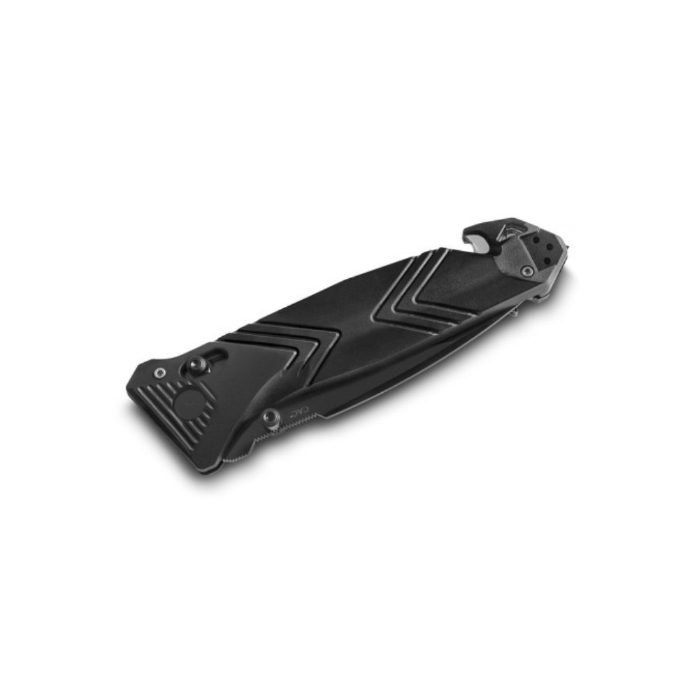 Le couteau pliant CAC de TB Outdoor avec manche chevron, lame mixte et coupe-sangle, fabriqué en France à Thiers par Tarrerias-Bonjean. Longueur totale de