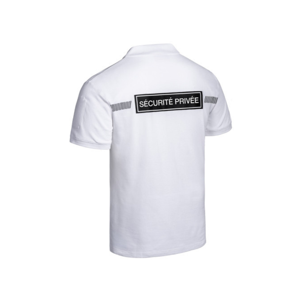 Polo blanc SÉCU-ONE pour sécurité privée, offert par A10 Equipment, avec marquage rétro-réfléchissant et bandes grises imprimées