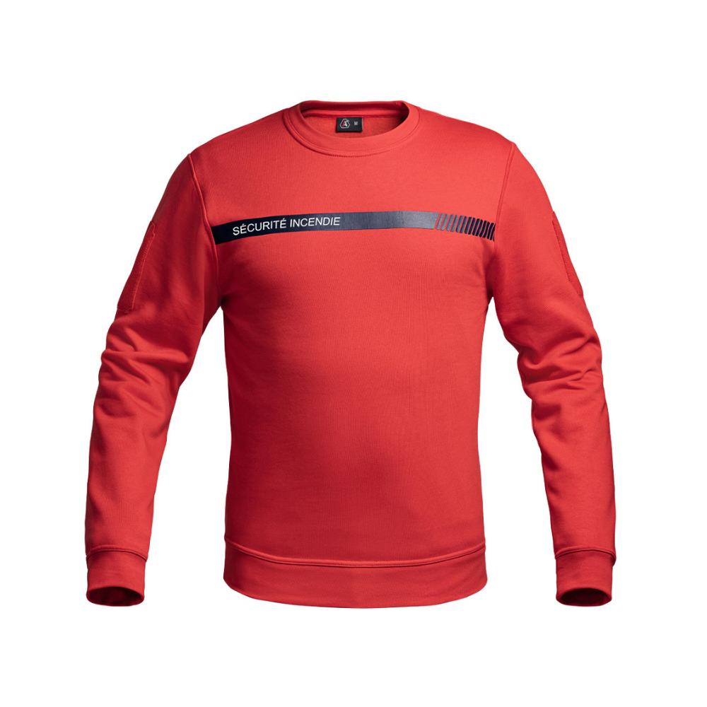 Sweat Sécurité Incendie rouge de la gamme SÉCU-ONE par A10 Equipment, résistant, ergonomique et fonctionnel avec marquage poitrine et bande bleue imprimée