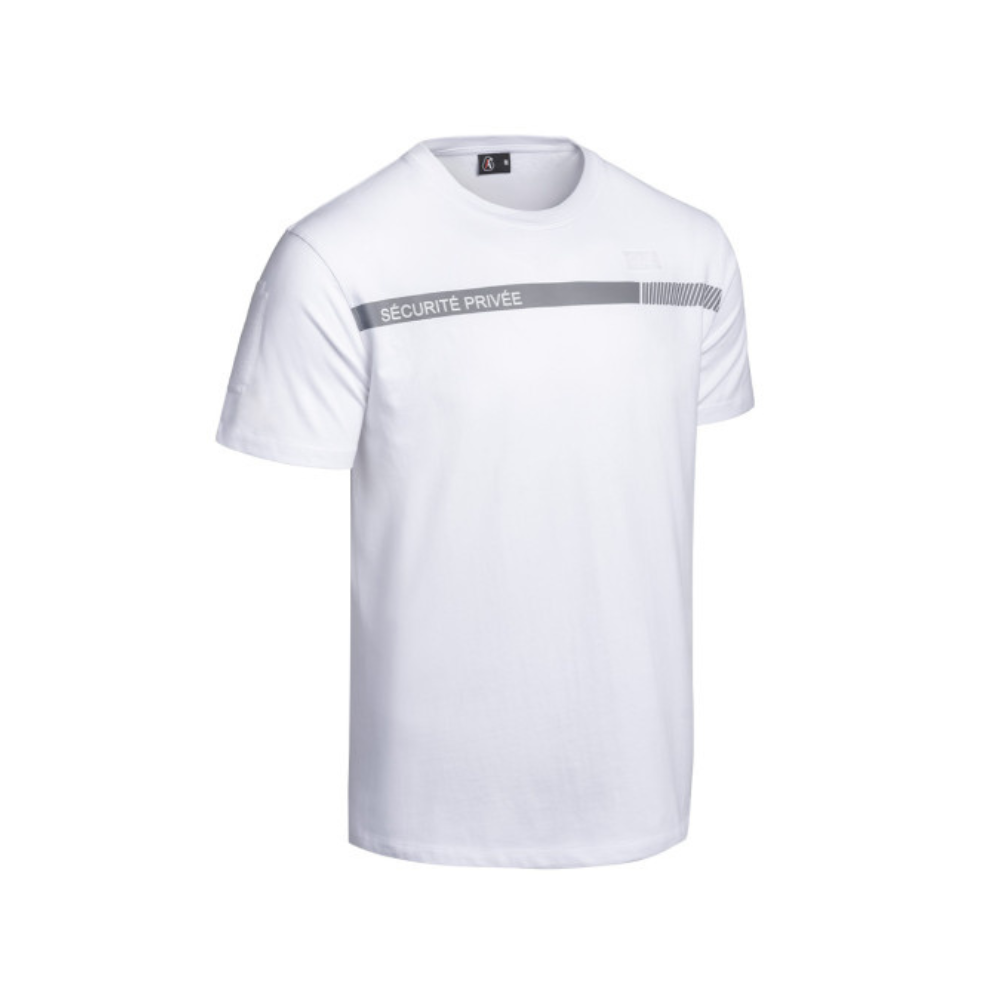 Blanc T-shirt SÉCU-ONE Sécurité Privée de A10 Equipment avec marquage rétro-réfléchissant et velcros compatibles