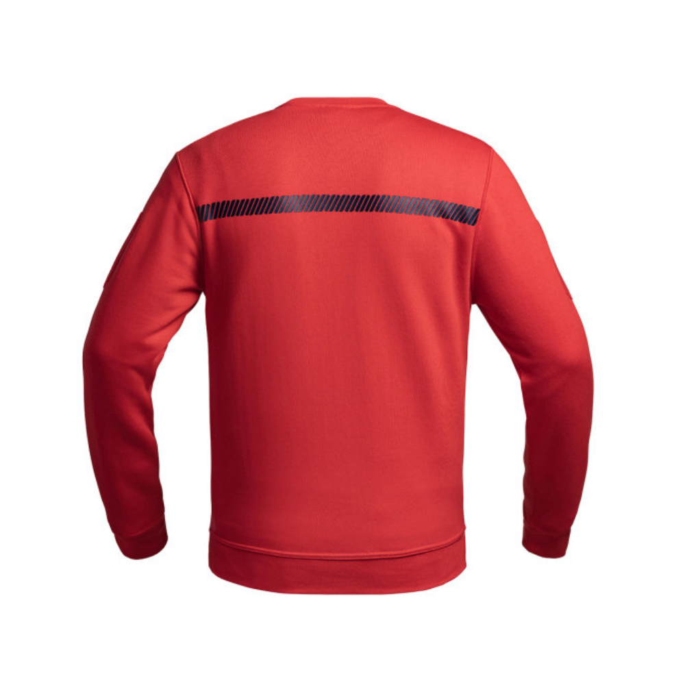 Sweat de sécurité incendie rouge de la marque A10 Equipment avec marquage poitrine et bande bleue imprimée