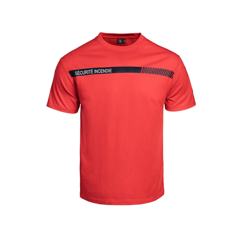 Rouge T-shirt de sécurité incendie par A10 Equipment avec marquage poitrine, bande bleue imprimée et 100% coton.