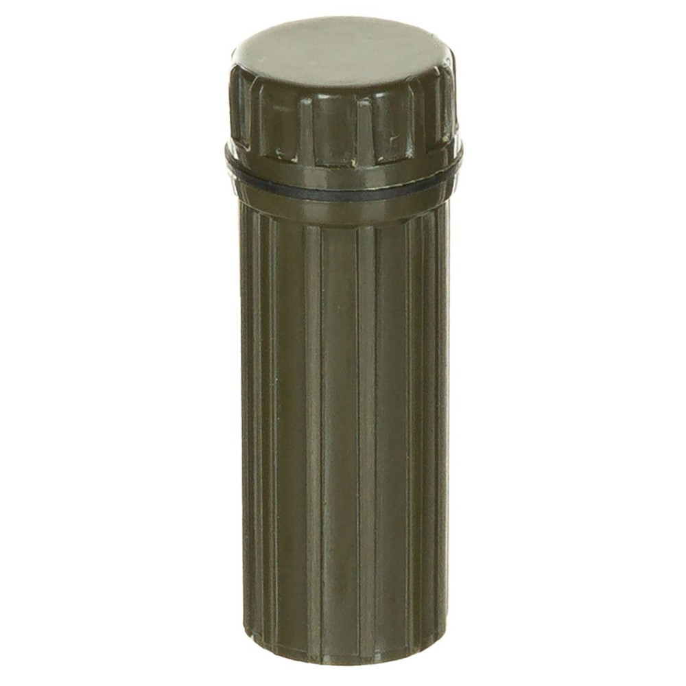 Boîte étanche à allumette vert olive MFH avec bouchon à vis résistant, miroir intégré, ligne de pêche, hameçon et allume-feu, dimensions 8x2.