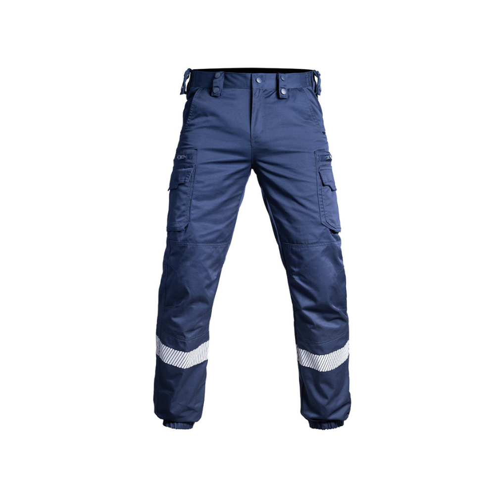 Pantalon bleu marine V2 SÉCU-ONE avec bas élastique et bandes réfléchissantes HV-TAPE par A10 Equipment, conçu pour la sécurité privée