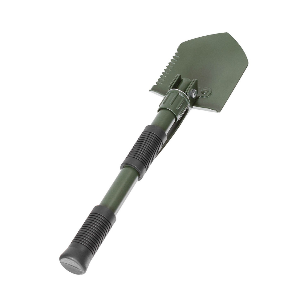 Alt tag pour une pelle pliante vert olive MFH, utilisable comme scie et houe, antidérapante, avec pochette incluse, dimensions 13x9.5cm, longueur 41