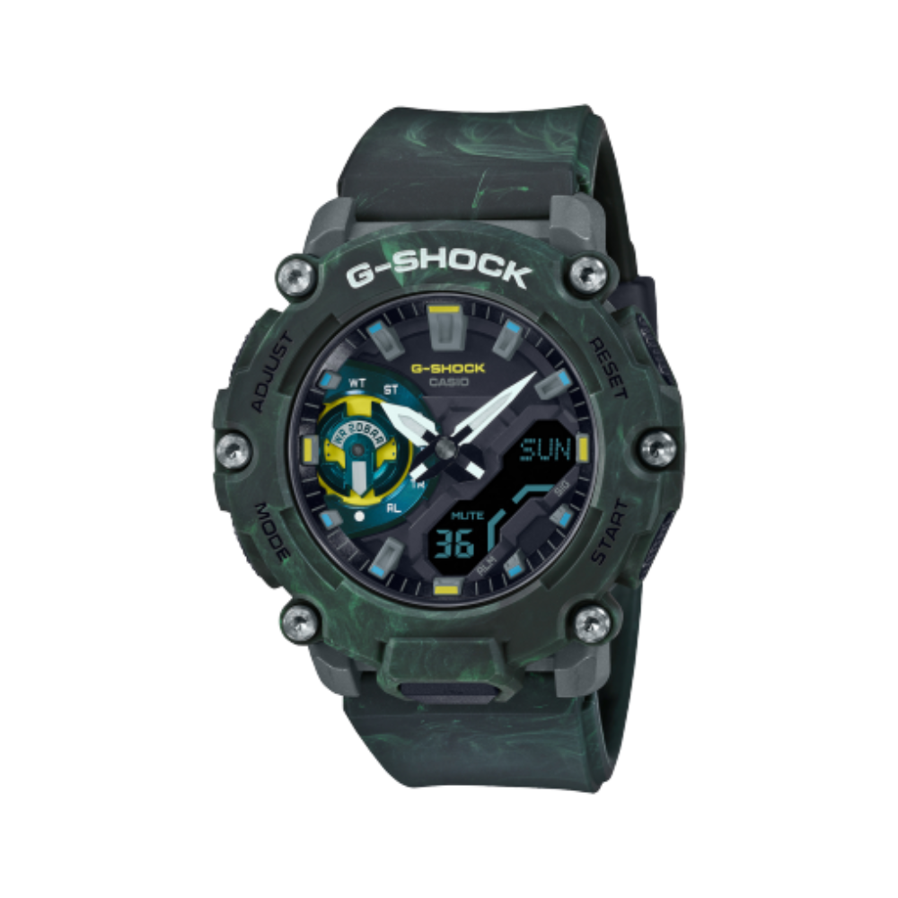 Montre G-SHOCK GA-2200MFR-3AER Vert de Casio avec lunettes et bracelets en résines de couleur mixte, rappelant des volutes de peinture verte et jaune, br