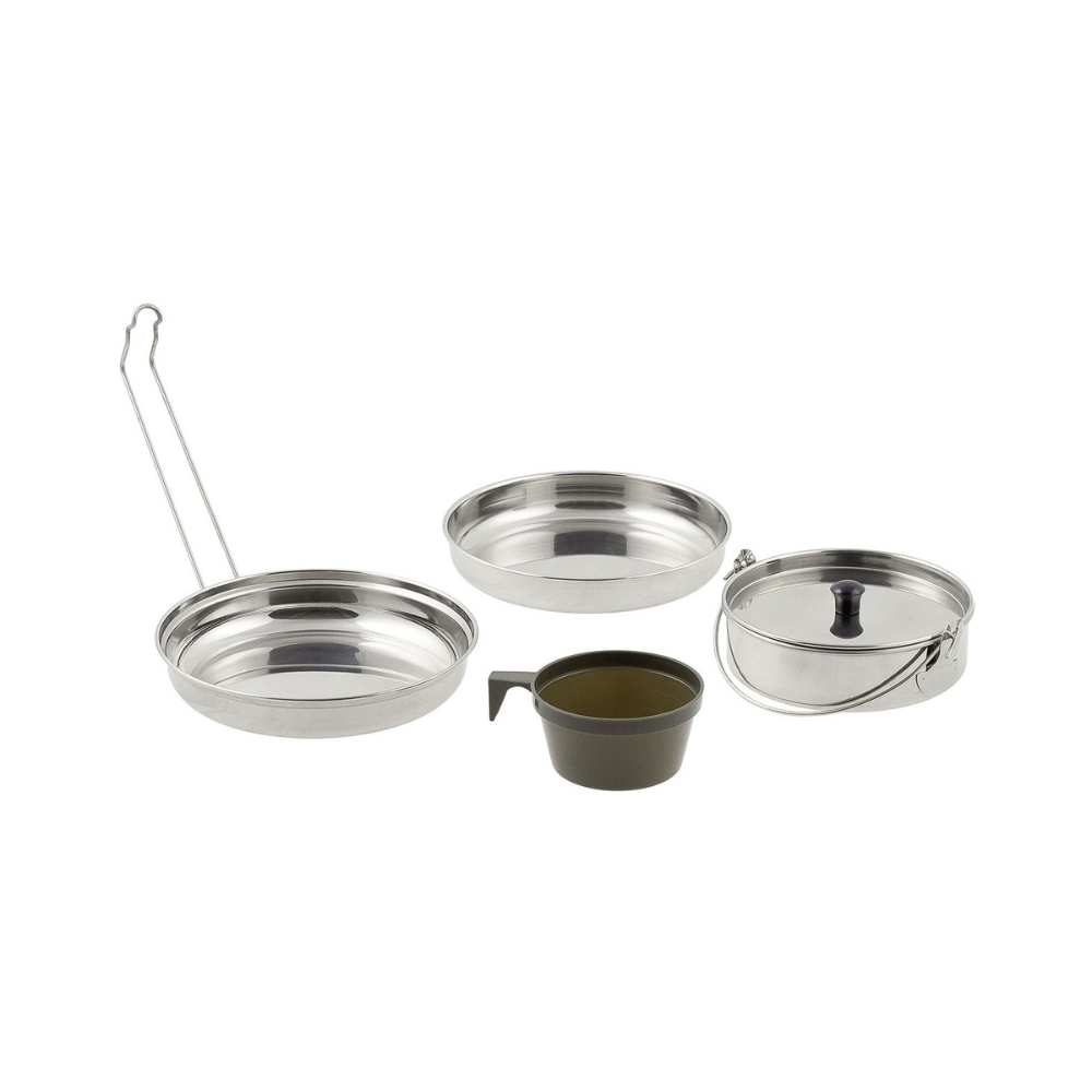 Set de cuisine en acier inoxydable 5 pièces MFH empilable comprenant deux casseroles, un bol et un gobelet en plastique