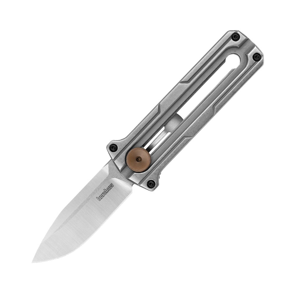 Le couteau pliant léger Kershaw Cybernet KW2046 avec un design minimaliste, une lame en acier D2 de 6,1 cm et un manche en acier inoxydable.