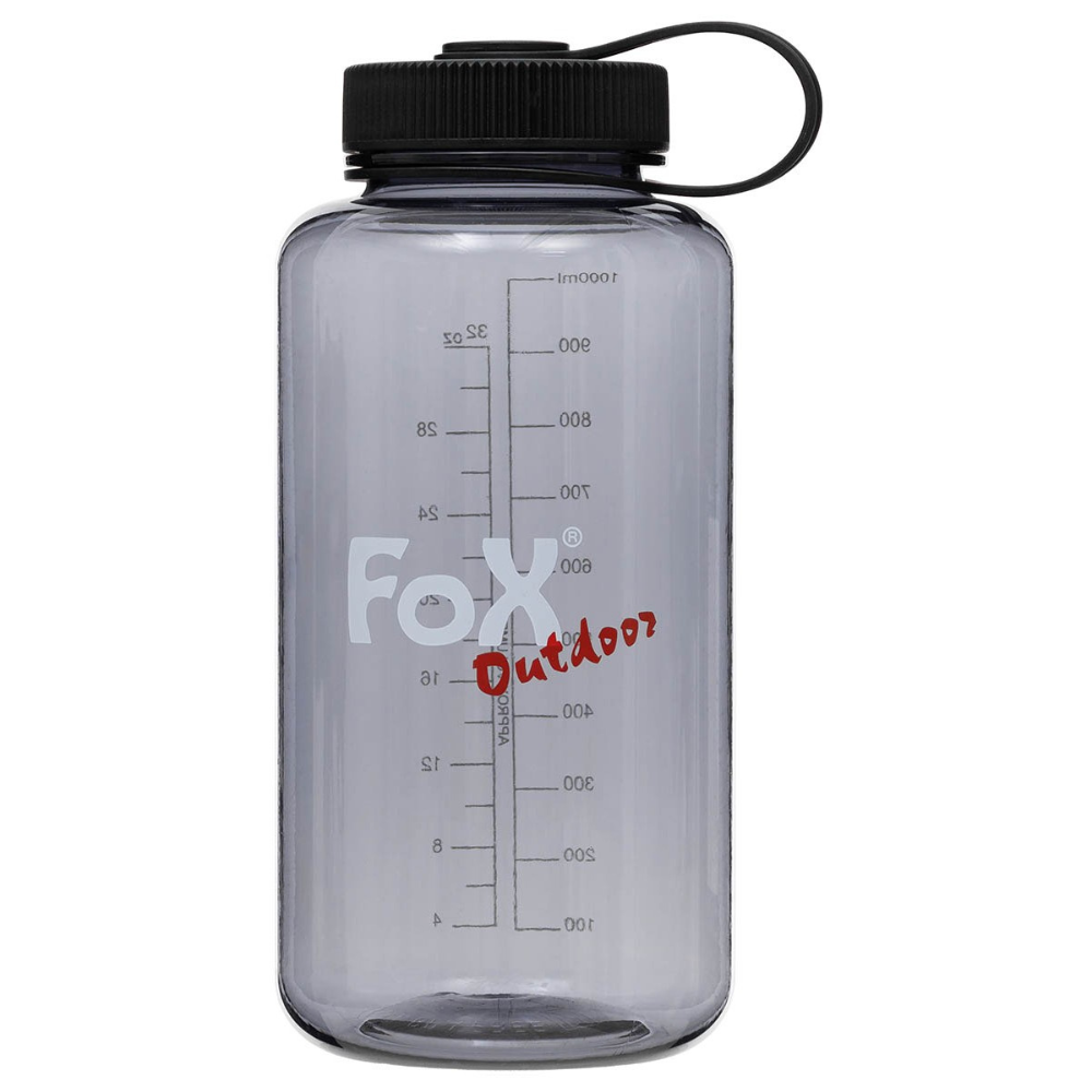 Gourde bouteille 1L grise Fox Outdoor avec ouverture extra grande, bouchon à vis, graduation jusqu'à 1000ml, lavable au lave-vaisselle, sans BPA et fabriqu