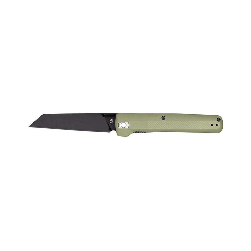 Couteau pliant Gerber Pledge Lichen Green avec lame noire en acier, manche texturé vert et clip ceinture réversible