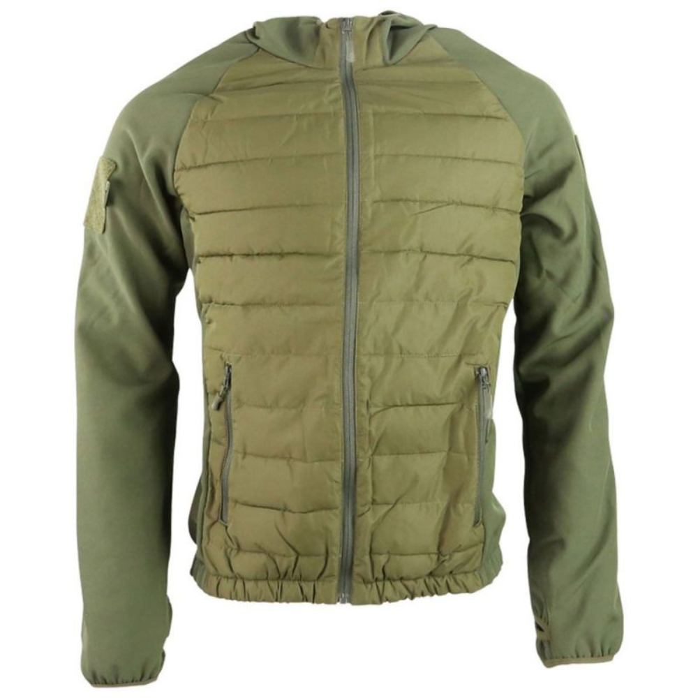 Veste bi-matière Venom vert olive de Kombat Tactical avec corps côtelé, bras en softshell, capuche tempête et poches zippées