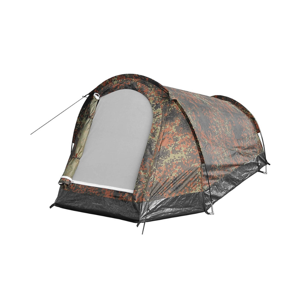 Schwarzenberg Tunnel Tent for 1 person with mosquito net entrance, robust and waterproof floor mat, steel pegs, transport bag, and fibreglass poles.