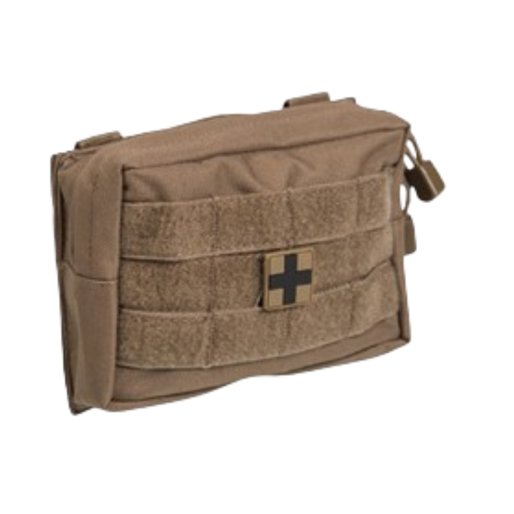 Petite trousse de secours San Molle Belt Pouch en tan de Mil-Tec, contenant des éléments de premiers soins divers tels que couverture de survie, écharpe, ciseaux à band