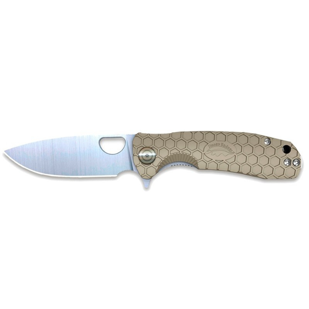 Large couteau pliant Honey Badger Flipper avec lame en acier 8Cr13MoV, manche en alliage de nylon et fibre de verre, et décor façon nid d'abeille.