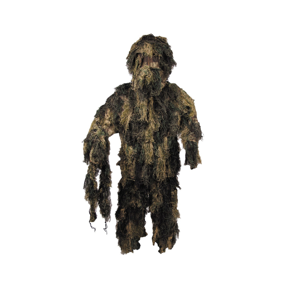 Ensemble de filet de camouflage Ghillie Woodland MFH complet avec veste, pantalon, chapeau et couvre-fusil, doté de boutons pression, bandes élastiques et poches d