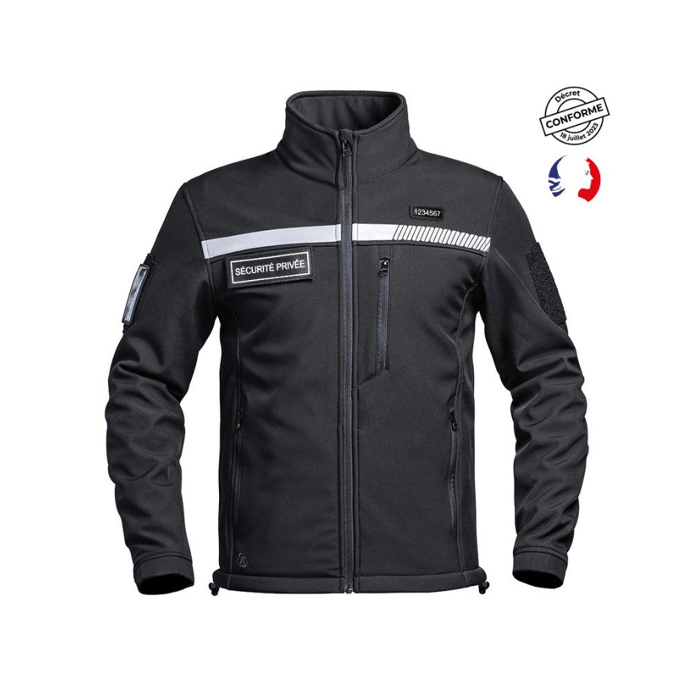 Veste softshell noire SÉCU-ONE HV-TAPE pour sécurité privée par A10 Equipment, offrant résistance, ergonomie, fonctionnalité et technicité grâce à ses technologies HEAT PROTECT et HARD