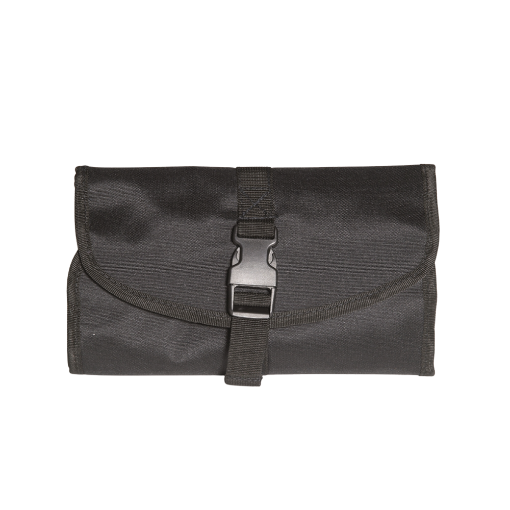 Très pratique trousse de toilette Mil-Tec de couleur noire, en polyester, avec plusieurs compartiments et fermetures éclair, idéale pour voyager