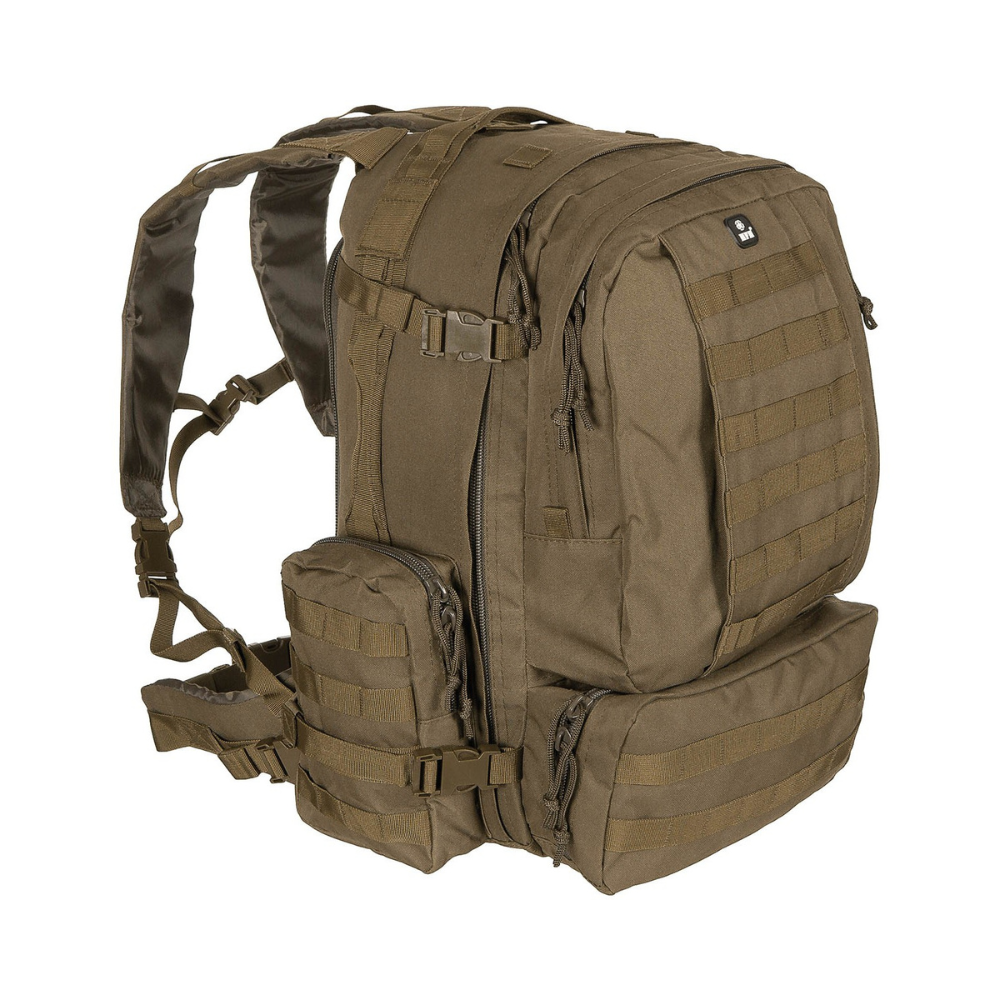 Sac à dos tactical modular 45L Coyote de MFH avec de multiples poches, sangles MOLLE, bretelles ajustables, compartiment principal rabattable, partie dorsale rembourrée et capacité de