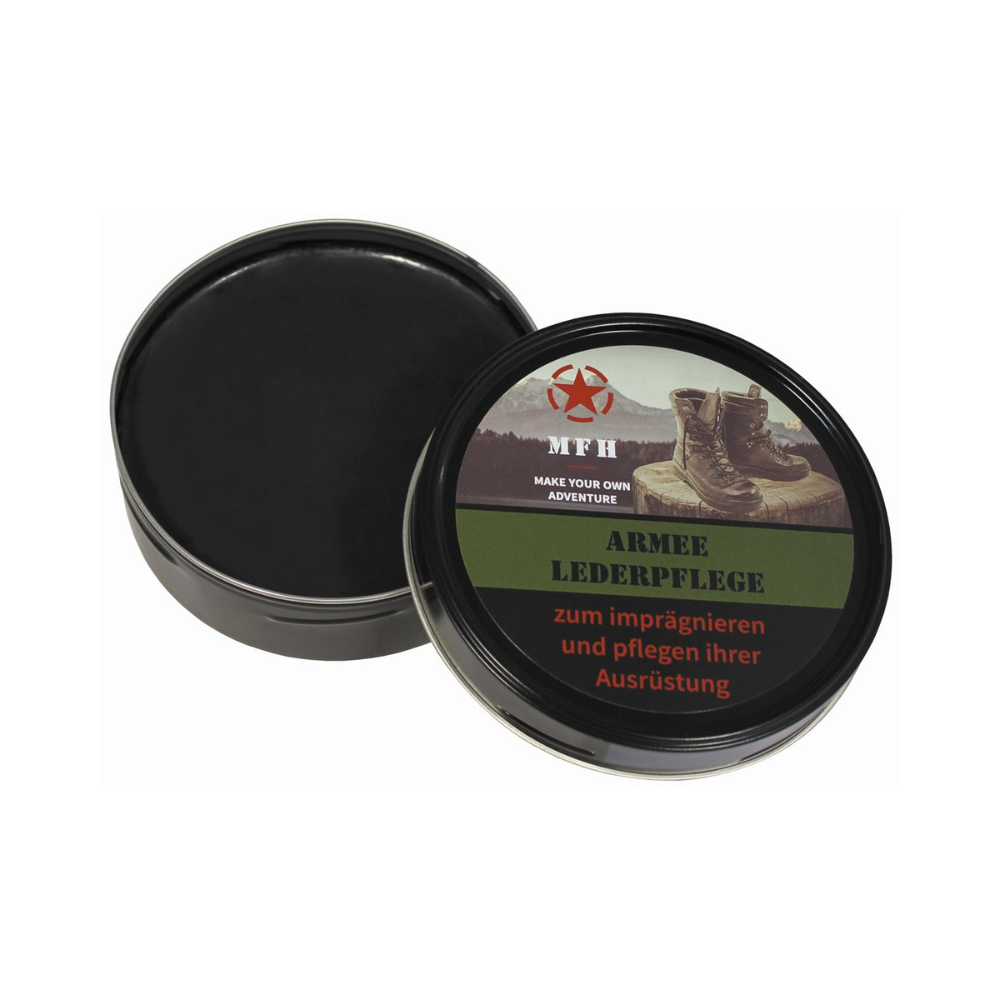 Cirage pour chaussures 'ARMY' noir 150ml de MFH, adapté pour tous types de cuir, avec membrane respirant, hydrofuge de haute qualité