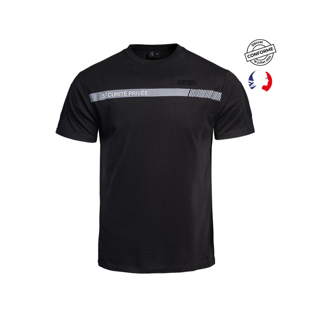 T-shirt noir Sécu-One pour sécurité privée de A10 Équipement, avec marquages rétro-réfléchissants et velcros pour accessoires.