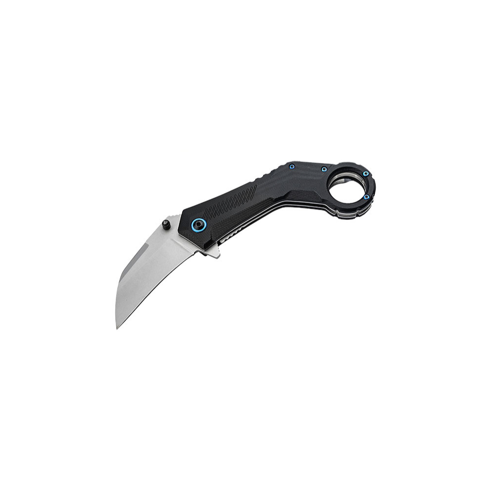Karambit Böker Magnum Veloc avec lame Wharncliffe en acier 440B, mécanisme d'ouverture assistée à ressort et poignées en G10 texturé pour une précision et une