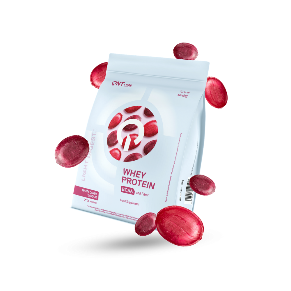 Boîte de protéine en poudre Light Digest Whey de QNT avec saveur de bonbon fruité