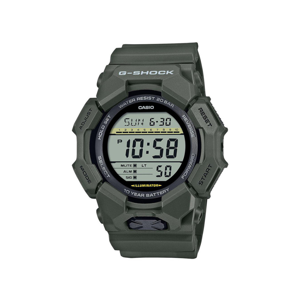 Montre numérique G-Shock GD-010 de Casio noire avec éclairage LED, fonctionnalités de chronomètre et d'heure universelle, résistante à l'eau et écologique grâce à sa rés