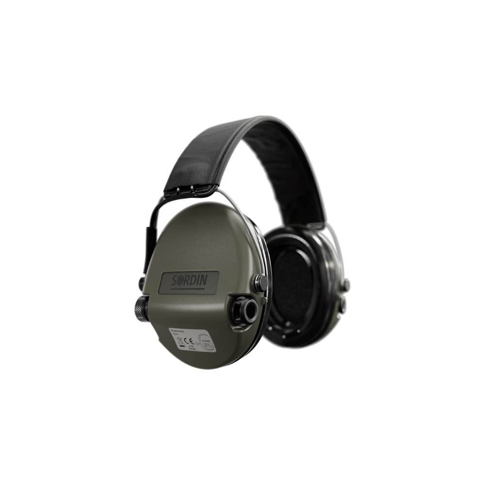 Casque anti-bruit Suprême Pro vert olive avec serre-tête en cuir noir, deux microphones et système sonore SordinHEAR pour une bonne restitution des sons faibles, coquilles repliables et bout