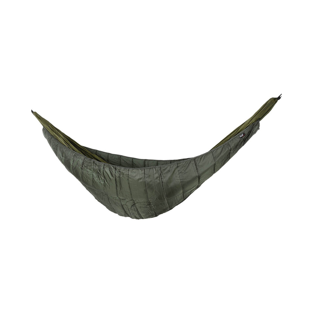 Hamac Underquilt MFH vert olive avec moustiquaire, toile indéchirable, cordes réglables, anneaux métalliques, fermeture éclair à double sens et sac de transport.