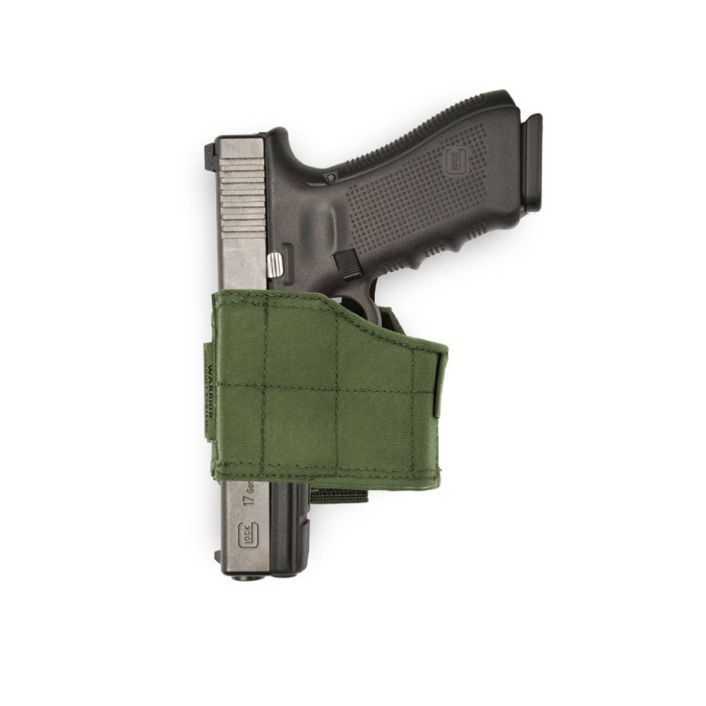 Holster universel gaucher vert olive de Warrior Assault avec système de fermeture velcro et sangles MOLLE