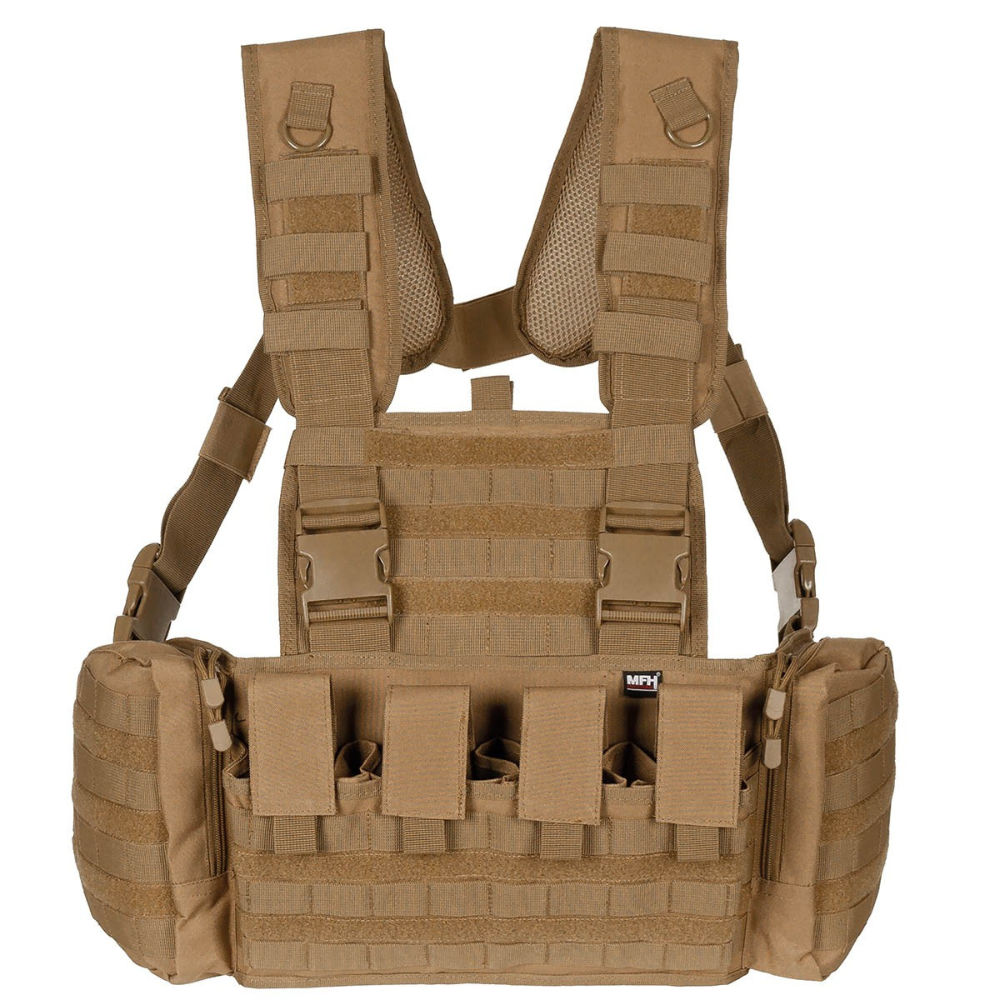 Gilet de combat tactique modulaire Coyote MFH avec poches latérales, portes-chargeurs ajustables et compartiments pour cartes et équipements supplémentaires