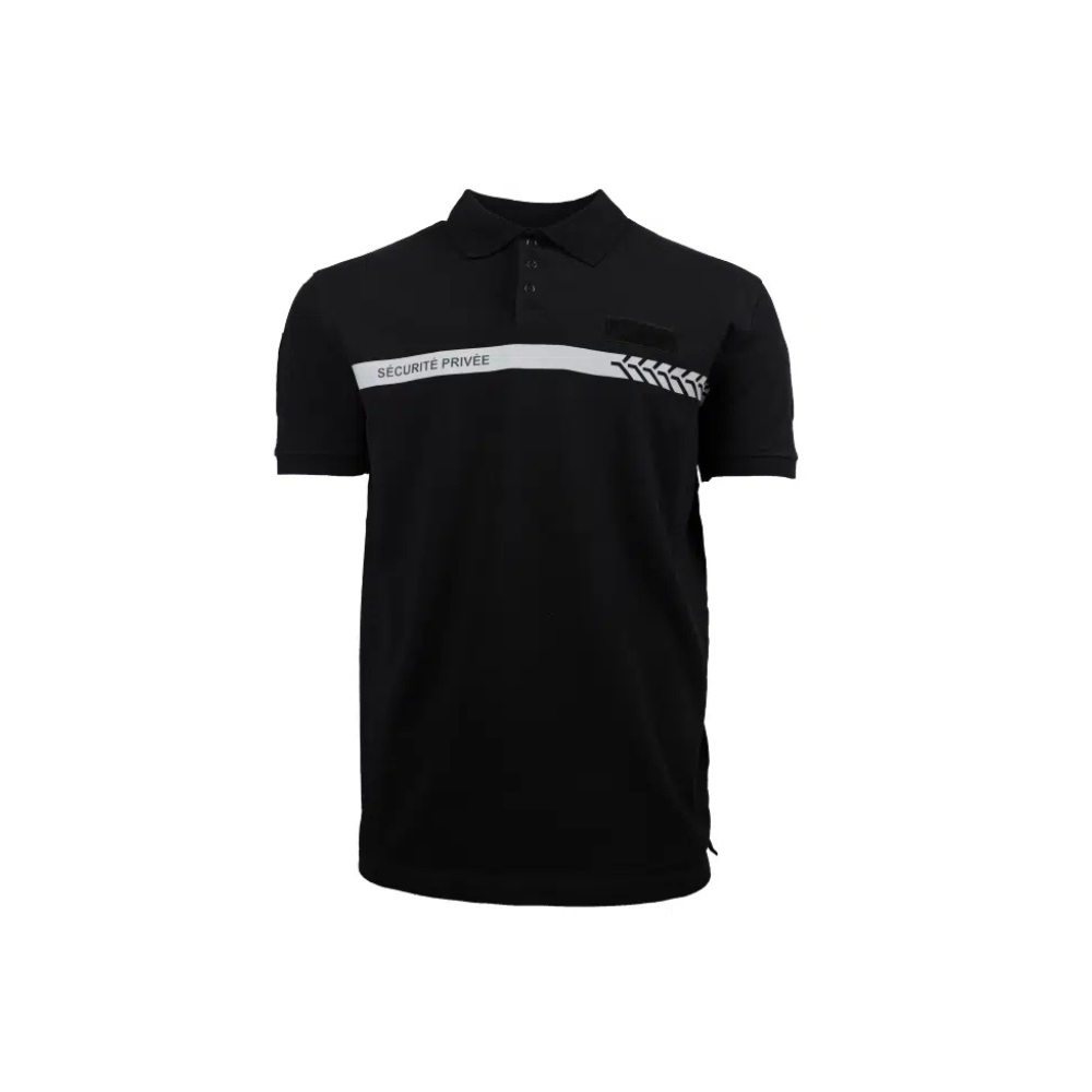 Manches courtes Polo Sécurité Privée de GK Safetek en noir avec bande grise, doté de marquages réfléchissants et d'auto-agrippants pour badge RIO, en tailles