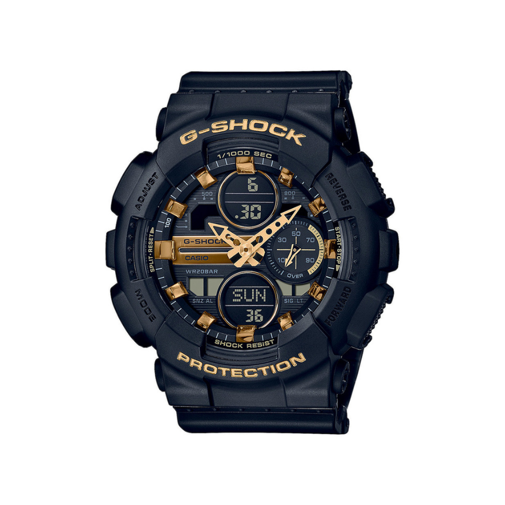 Montre G-Shock GMA-S140M de Casio en noir avec design rétro, boîtier et bracelet en résine, index métalliques et fonctions multiples, adaptée pour les femmes.