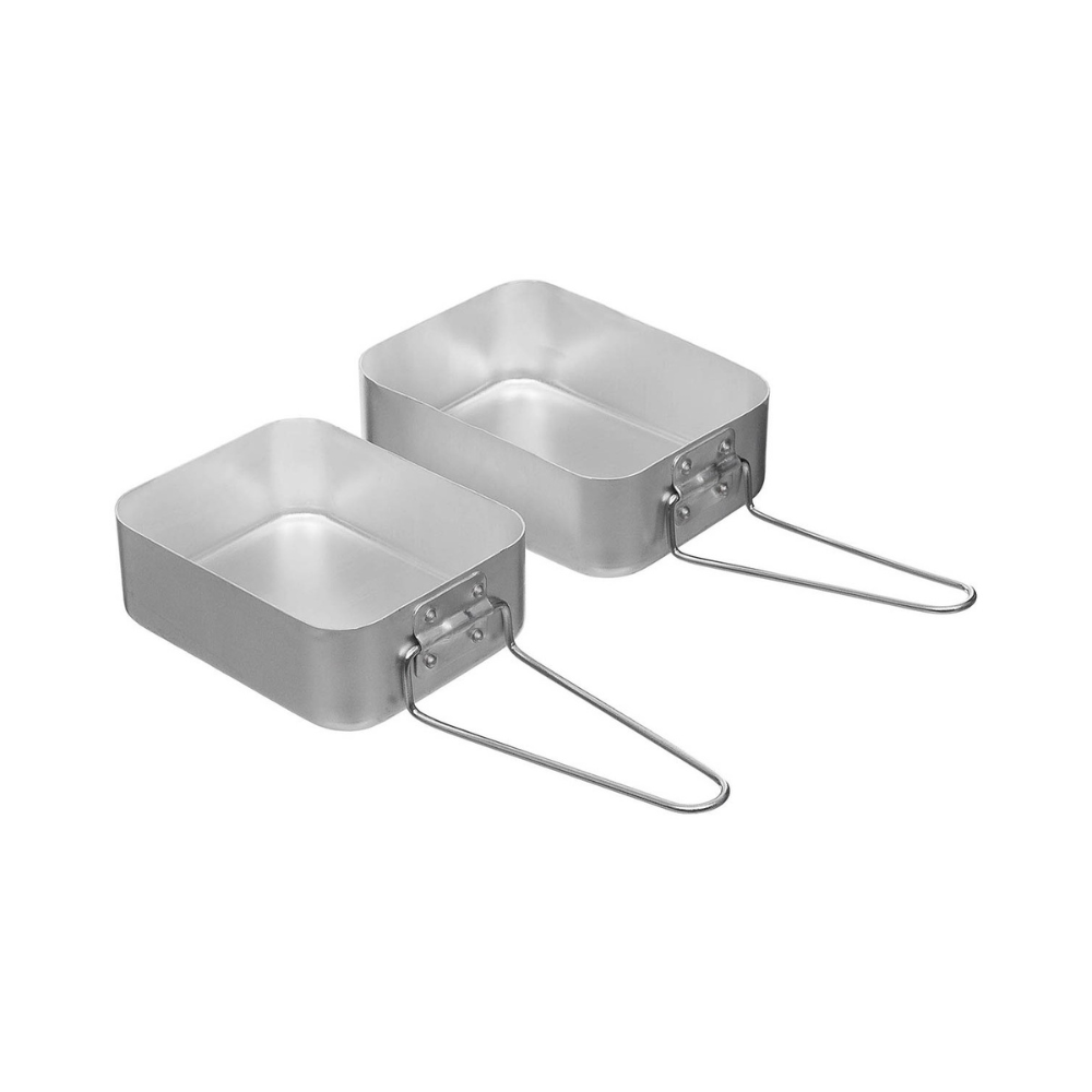 Set de 2 casseroles empilables en aluminium de la marque MFH, avec poignées pliables et capacités respectives de 1L et 700L.