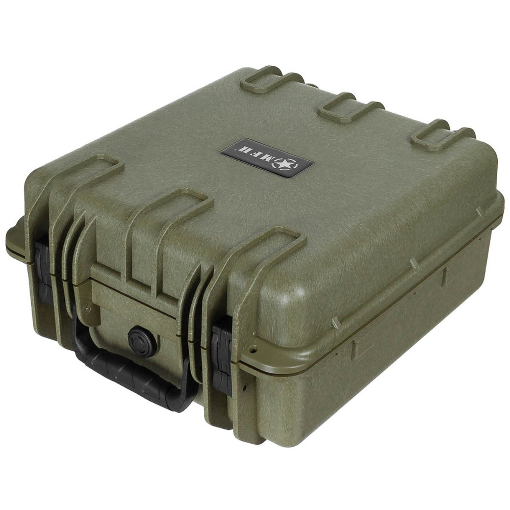 Grande caisse étanche verte MFH en polypropylène et fibre de verre résistant aux chocs et à la corrosion, avec système de fermeture à deux leviers et rembourrage en mousse