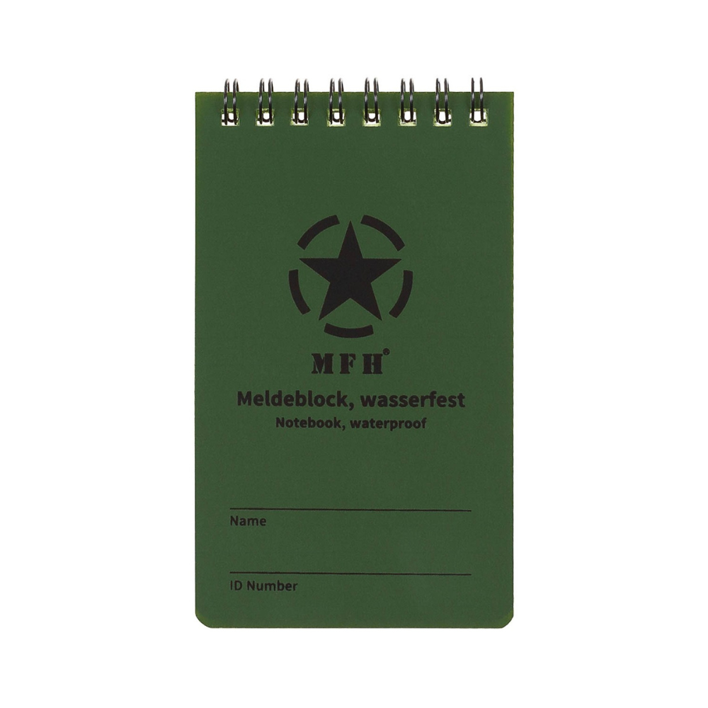 Petit carnet étanche vert olive de 7.5x13cm de MFH avec 50 feuilles résistantes à l'eau