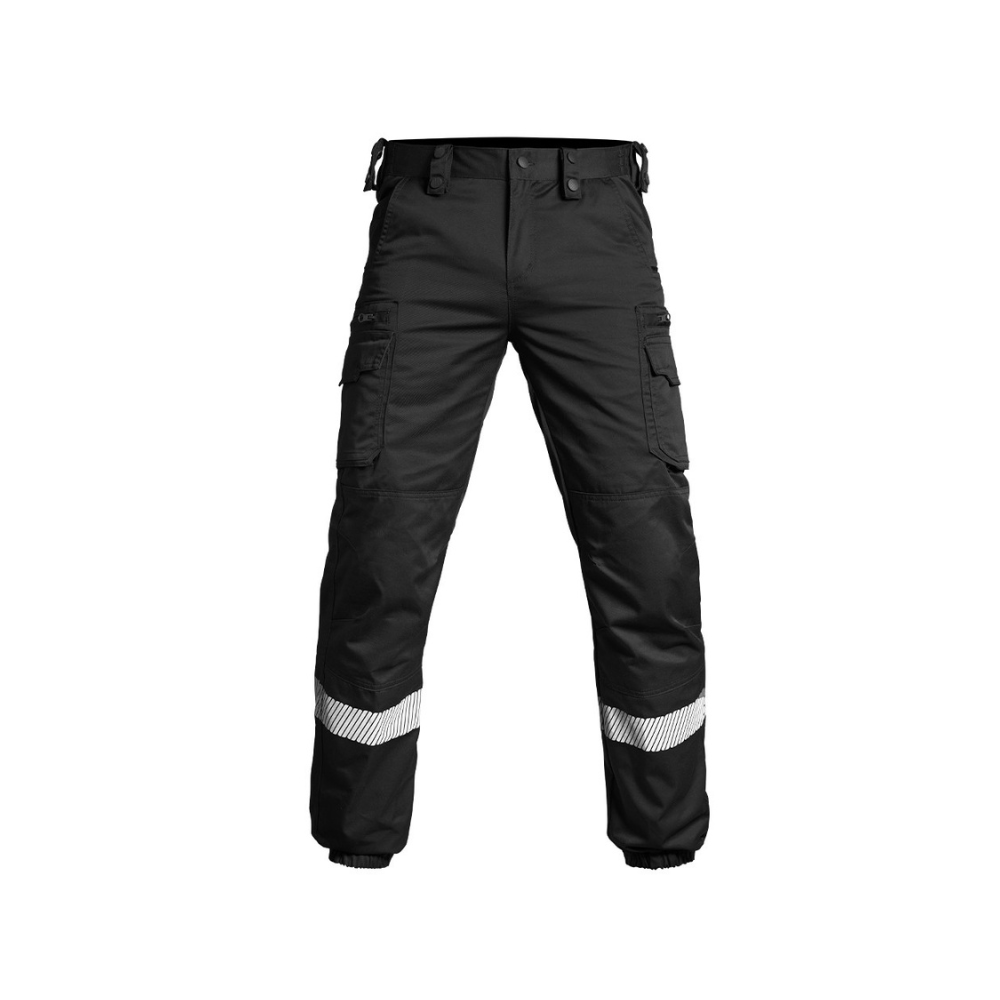 Pantalon noir V2 SÉCU-ONE avec bas élastique et bandes HV-TAPE pour une visibilité optimale, proposé par A10 Equipment pour la sécurité privée.