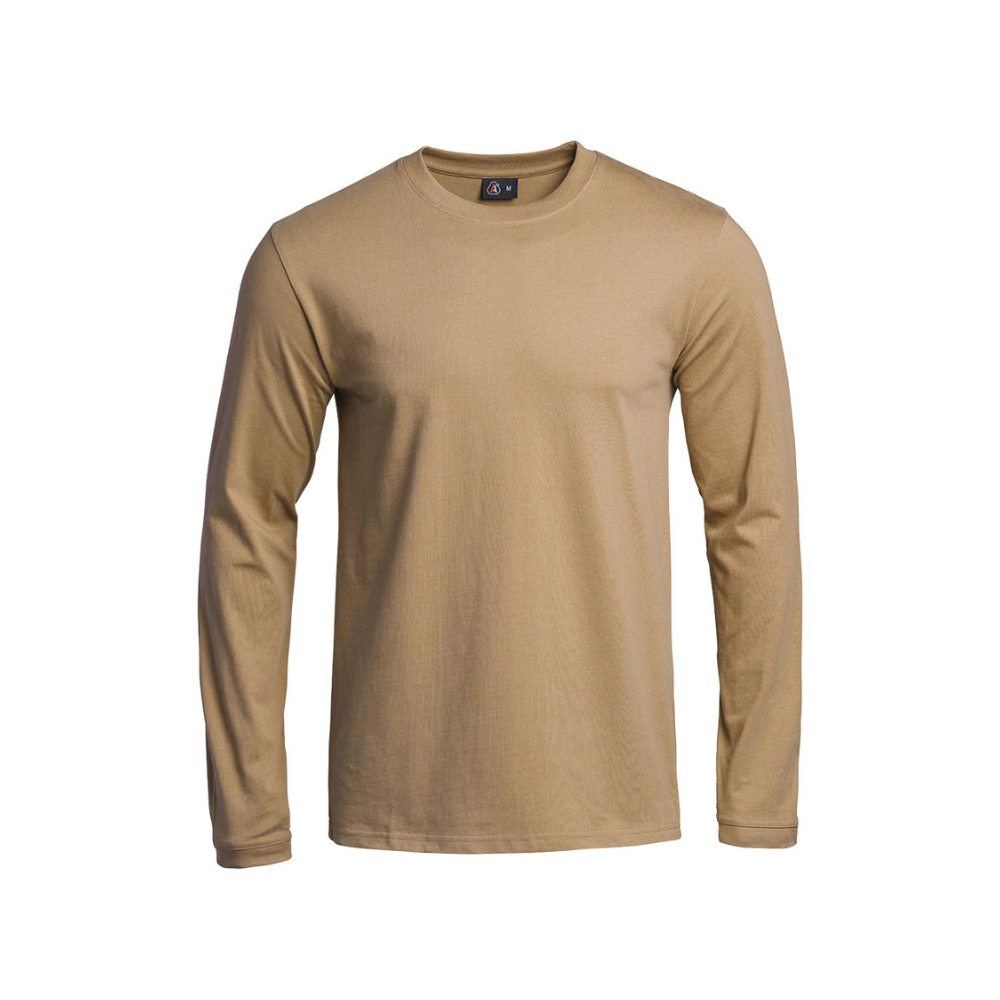T-shirt Strong en coton à manches longues de A10 Equipment en couleur tan, disponible en tailles XS à 3XL, certifié Oeko-Tex Standard 100