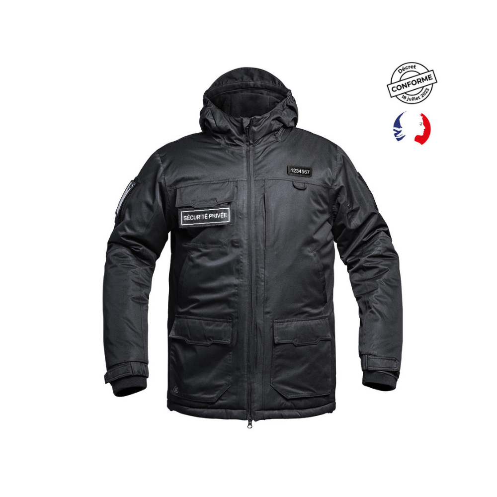 Parka Hardshell noire Sécu-One WF 150 Flap pour sécurité privée de A10 Equipment, avec technologie Heat Protect et Hard-Shell pour résistance au froid et imperméabilité.