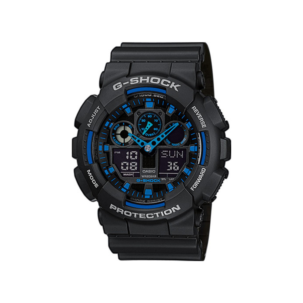 Montre G-Shock GA-100 noir/bleu de Casio avec cadran en verre minéral, bracelet en résine, affichage LCD, étanchéité jusqu'à 20 bars et fonctionnalités multiples.