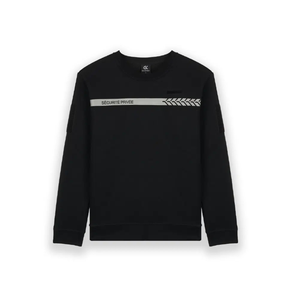 Sweatshirt noir de sécurité privée GK SAFETEK avec marquage réfléchissant et bande auto-agrippante pour badge RIO