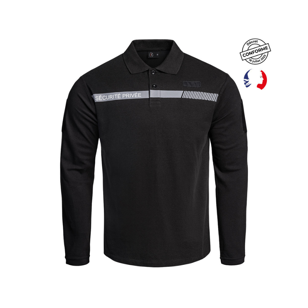 Long sleeve SÉCU-ONE private security polo shirt by A10 Equipment, 100% cotton, in black color, with features like retro-reflective 'Private security' print, compatible Velcro patches, and certified Oeko-Tex