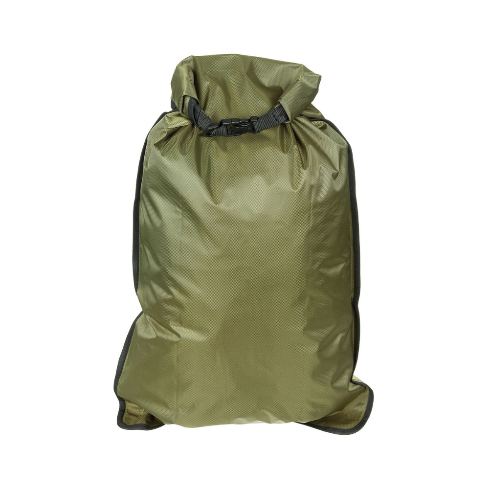 Sac étanche 20L vert olive MFH, avec ouverture à rabat, fermeture par enroulement et clic, diamètre 42 cm, hauteur 66 cm, 190 g, 100% polyester