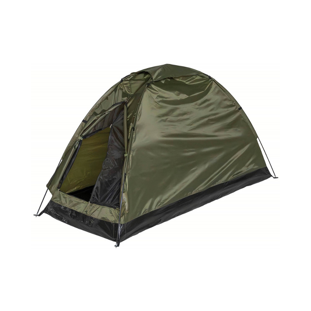 Monodome vert olive pour une personne de MFH avec moustiquaire, poteaux en fibre de verre, sol antidérapant et robuste, filet de ventilation, piquets en acier, haub
